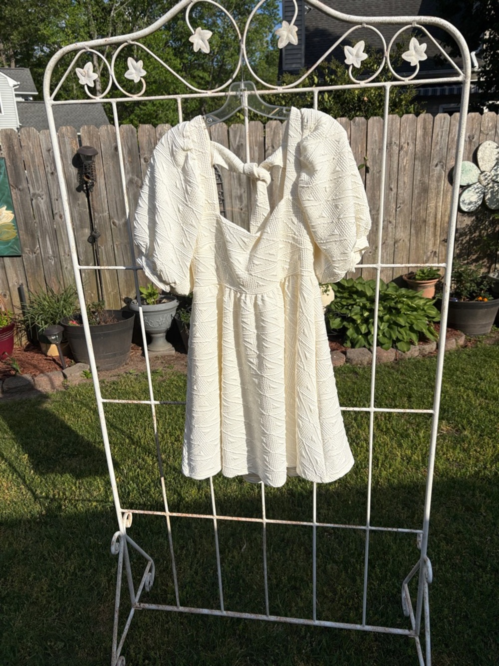Free People Cream Textured Puff-Sleeve Dress with Tie Back